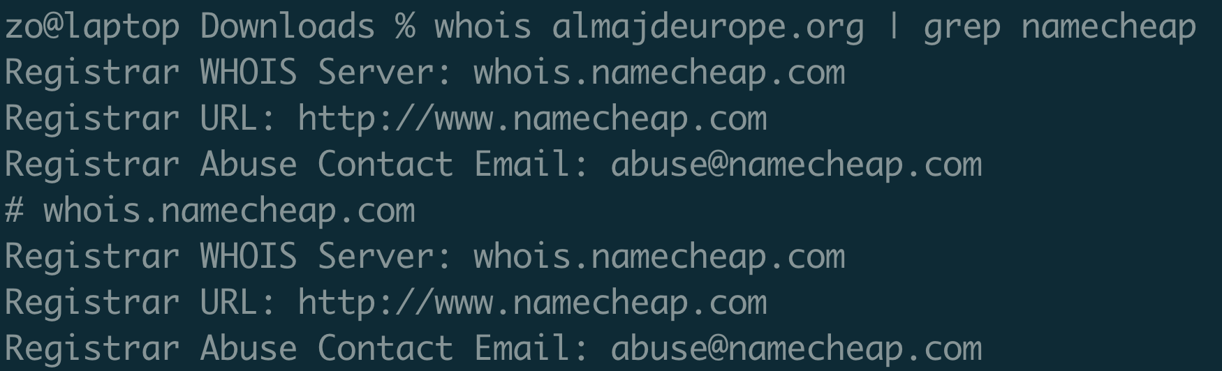 Screen capture of a dns search for almajdeurope.org showing Namecheap is providing services. Taken 17 Jan 2026